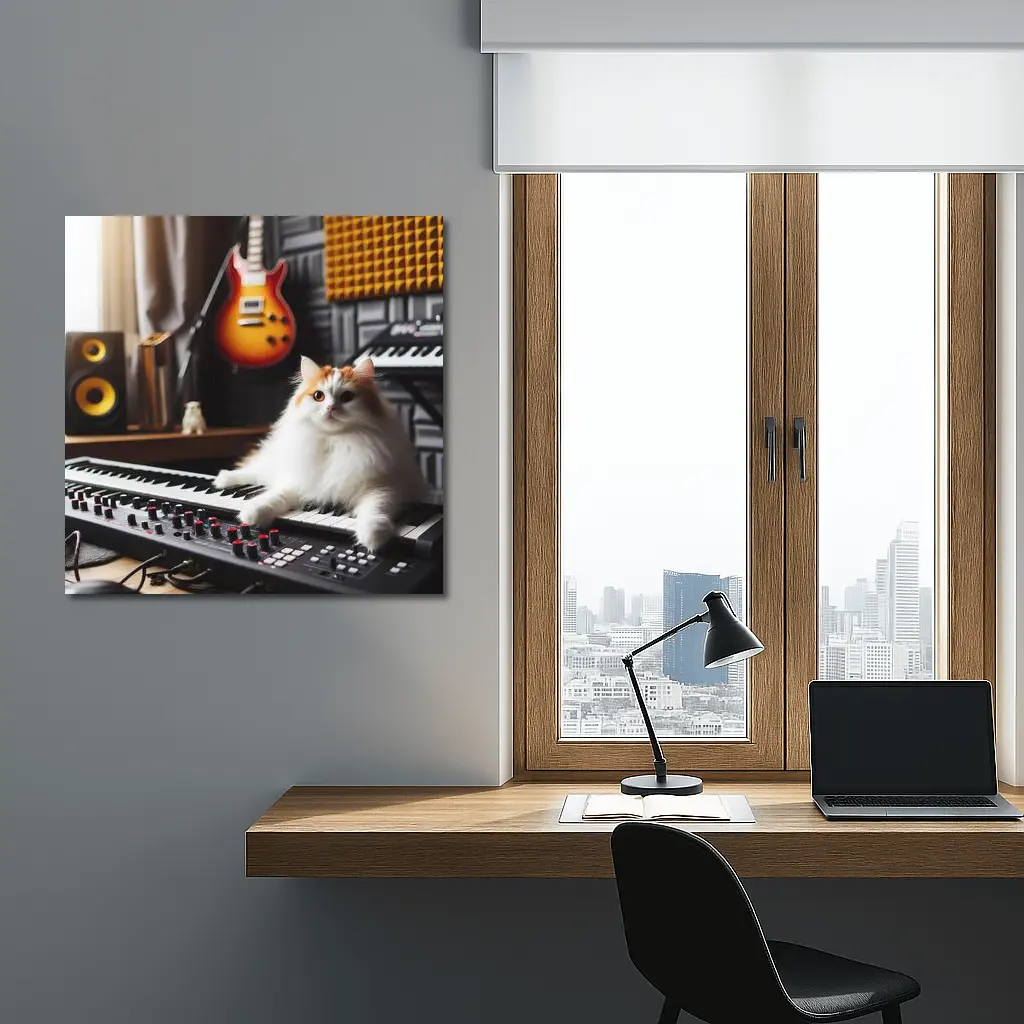 Fluffy Cat Relaxing on Music Studio Keyboard – Wall Art