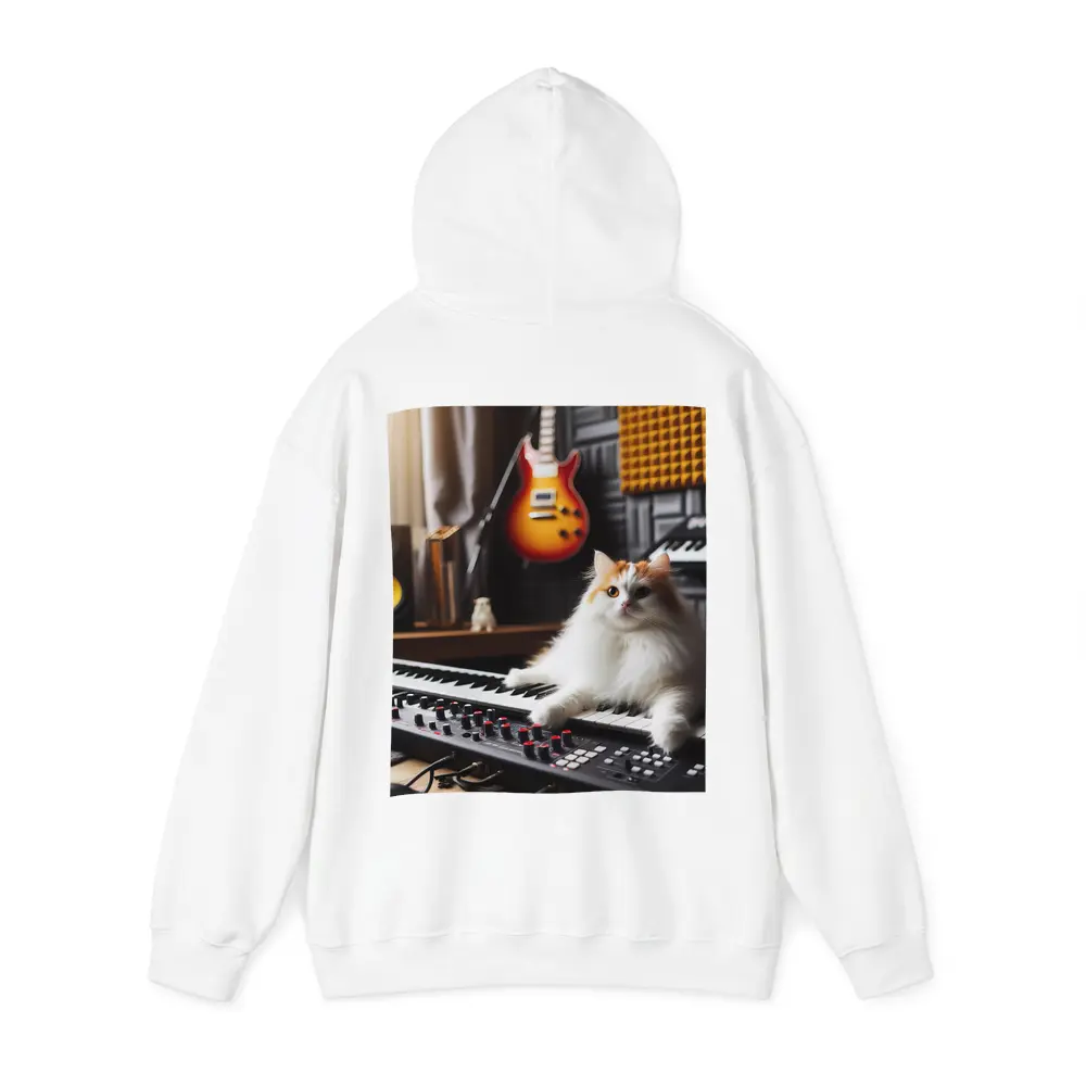 Fluffy Cat Relaxing on Music Studio Keyboard – Hoodies