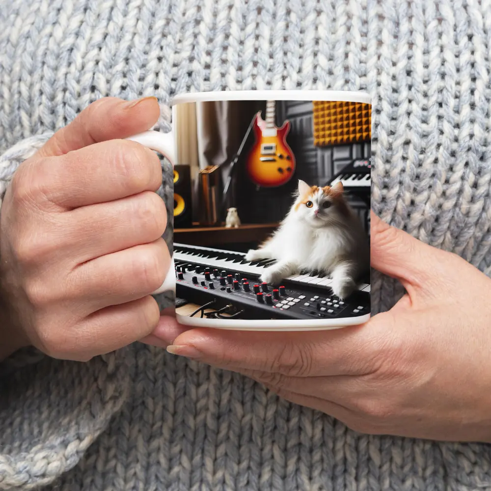 Fluffy Cat Relaxing on Music Studio Keyboard – Mugs