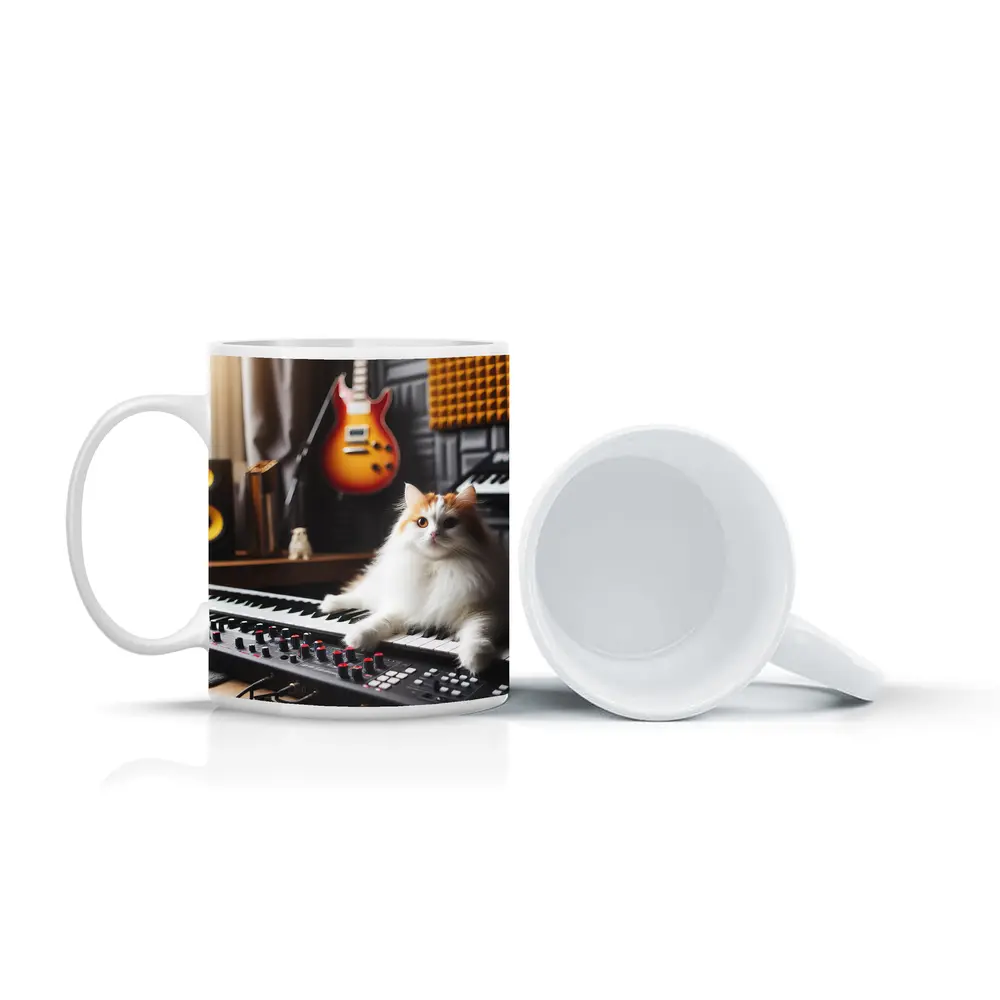 Fluffy Cat Relaxing on Music Studio Keyboard – Mugs