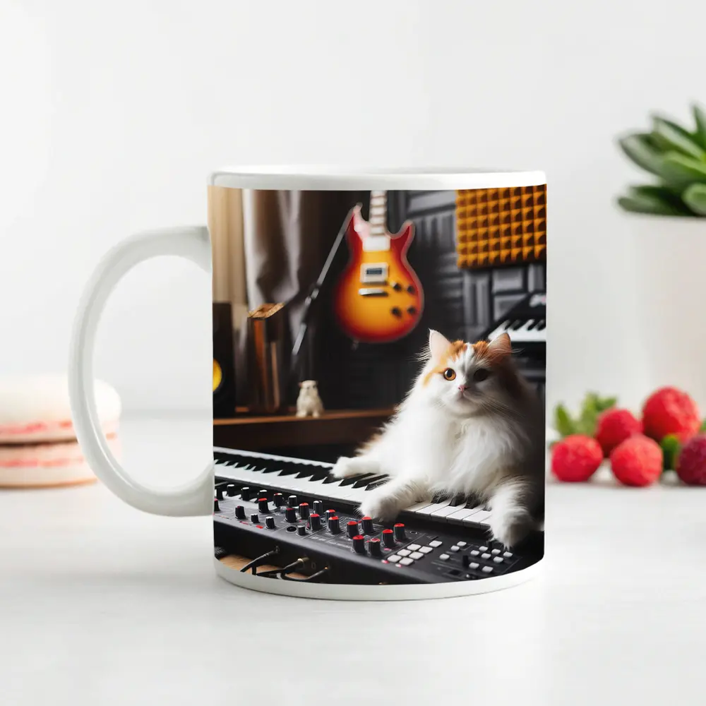 Fluffy Cat Relaxing on Music Studio Keyboard – Mugs