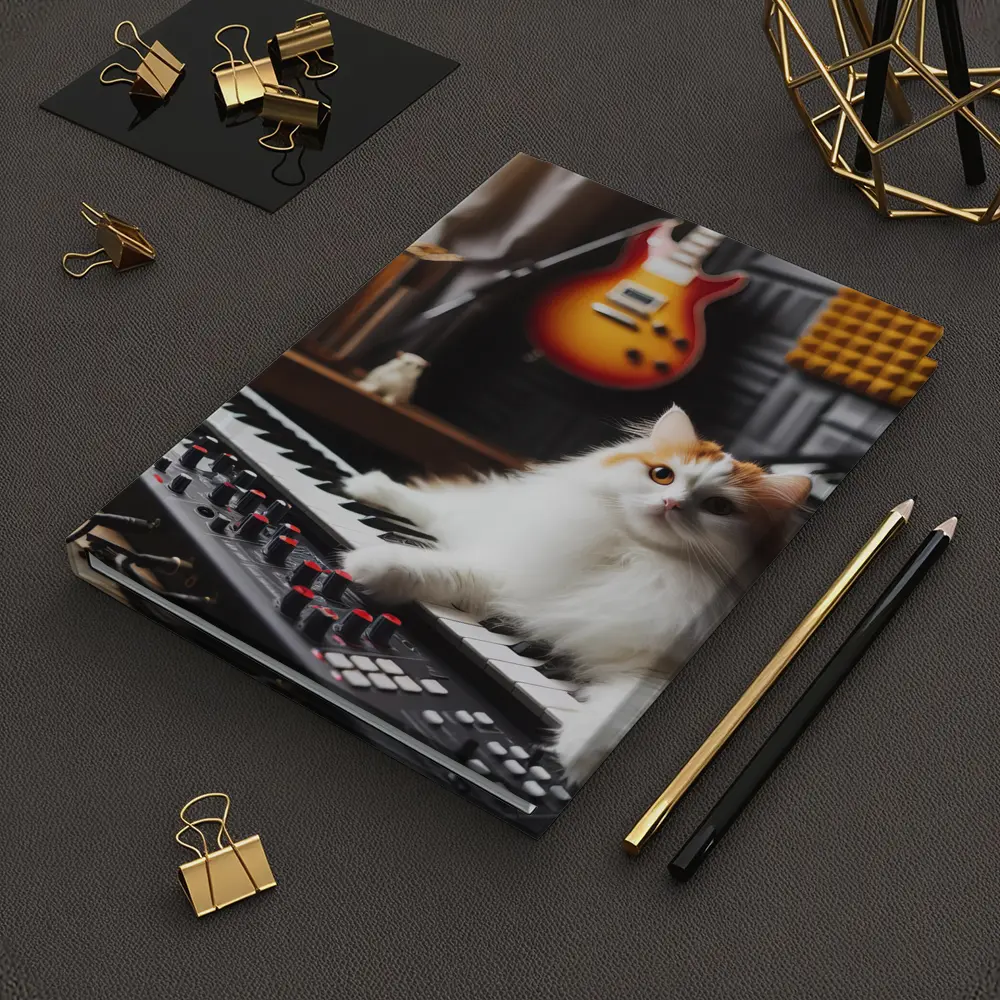 Fluffy Cat Relaxing on Music Studio Keyboard – Notebooks