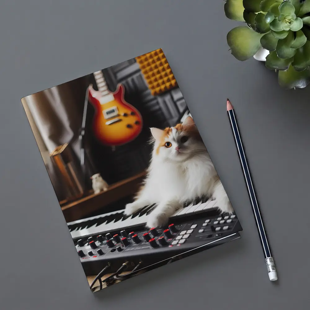 Fluffy Cat Relaxing on Music Studio Keyboard – Notebooks