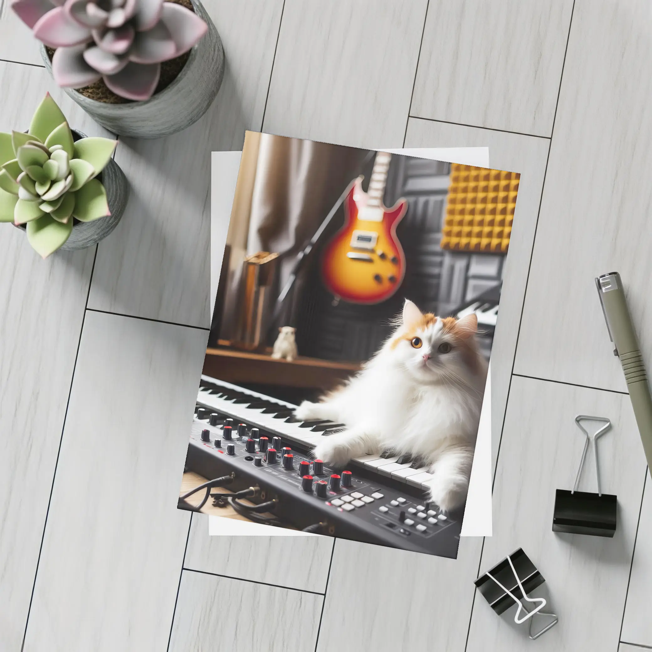 Fluffy Cat Relaxing on Music Studio Keyboard – Postcards