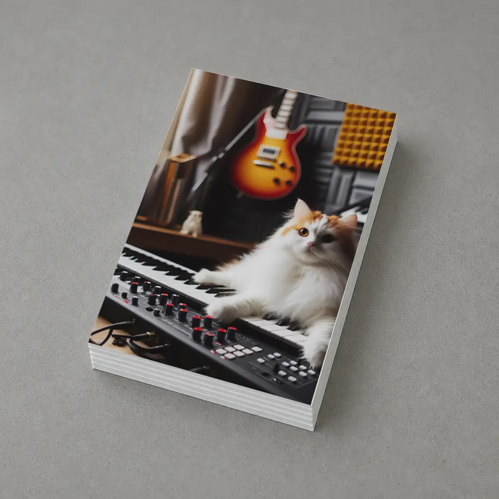 Fluffy Cat Relaxing on Music Studio Keyboard – Postcards