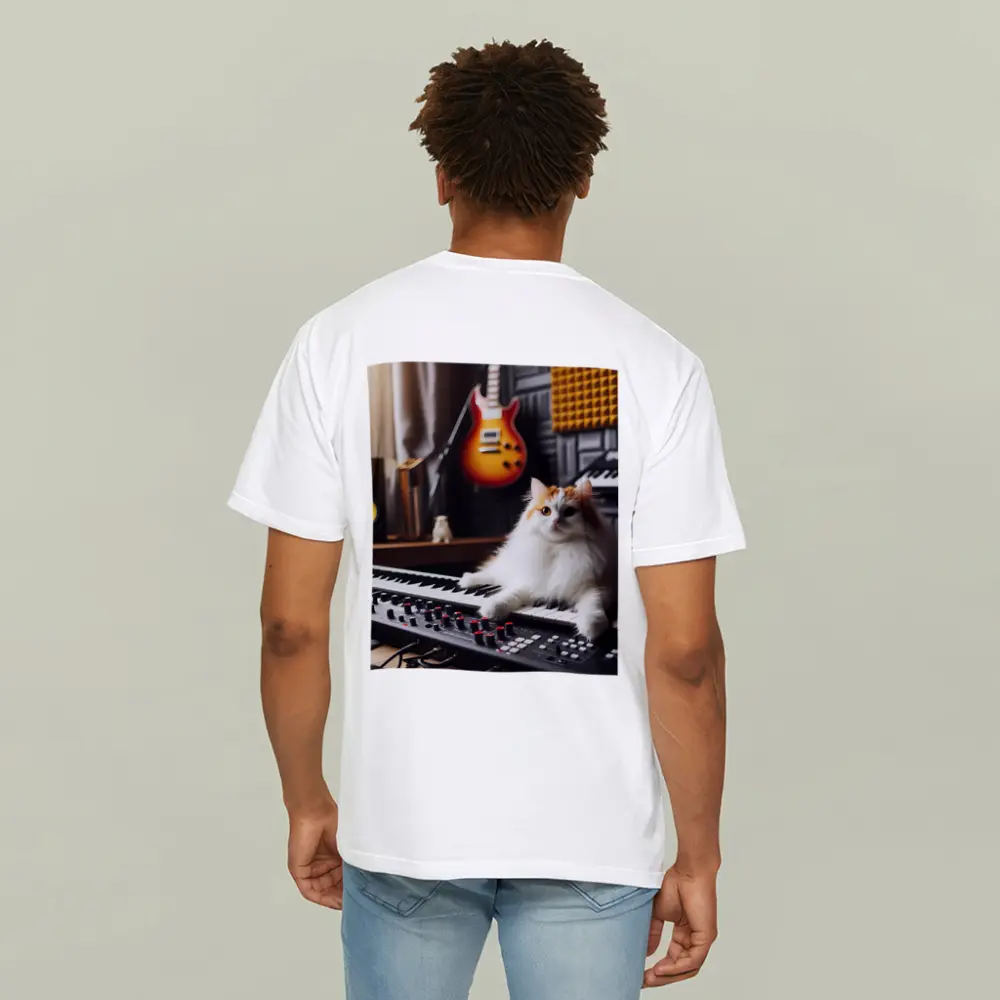 Fluffy Cat Relaxing on Music Studio Keyboard – T-Shirts