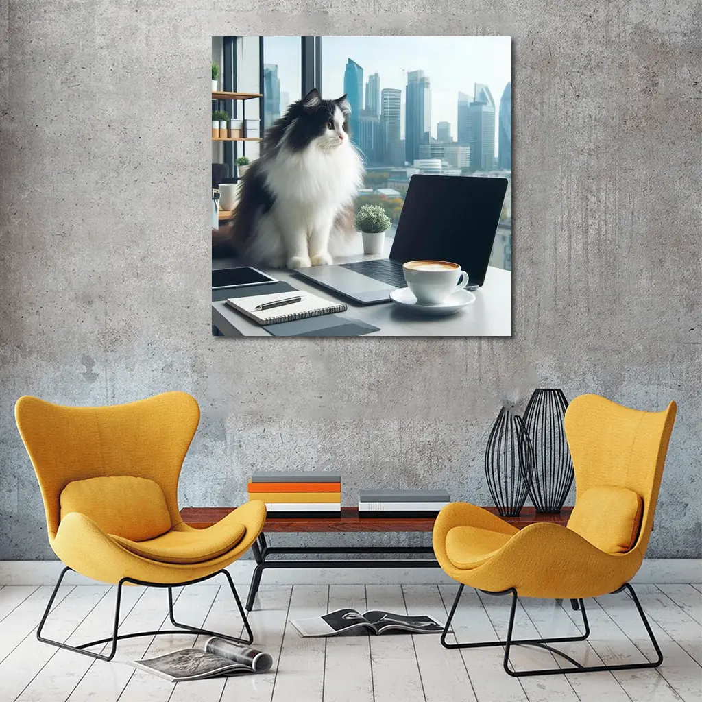 Fluffy Cat Working At Office Desk – Wall Art