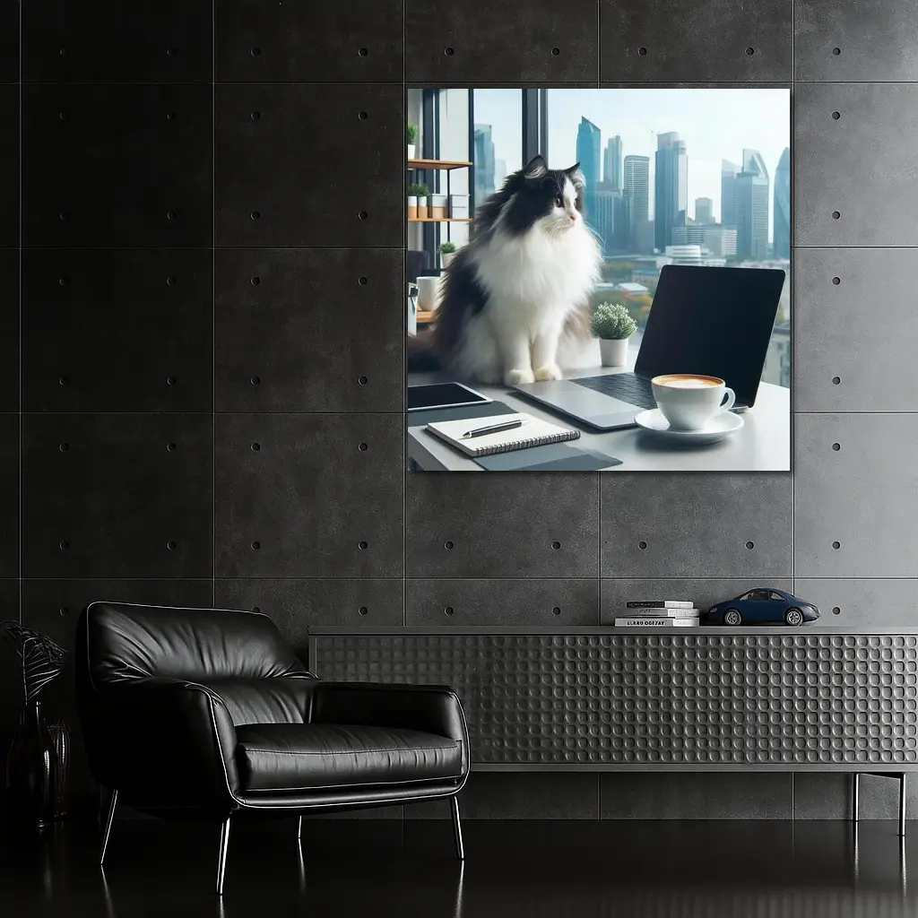 Fluffy Cat Working At Office Desk – Wall Art