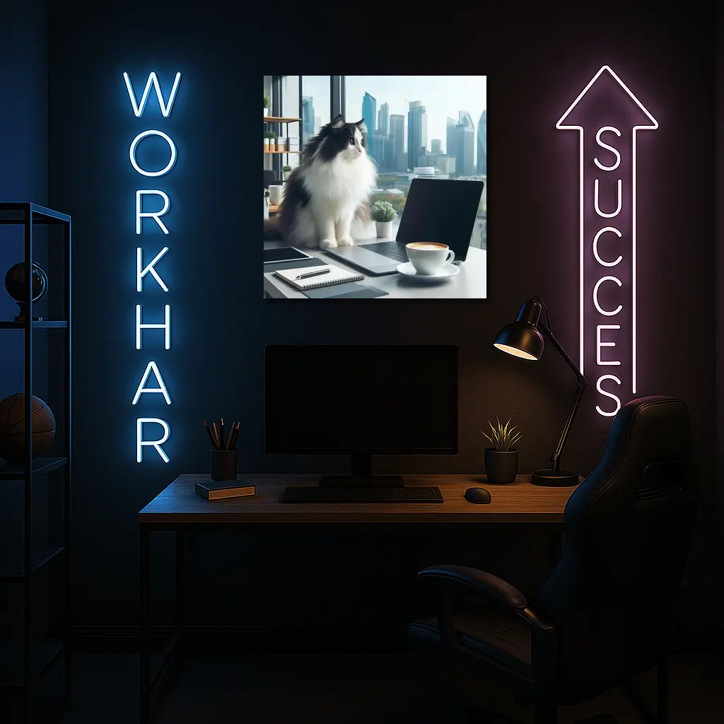 Fluffy Cat Working At Office Desk – Wall Art