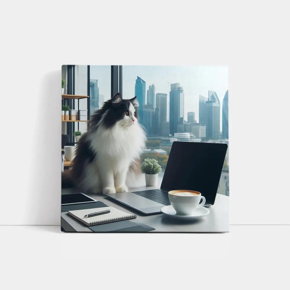 Fluffy Cat Working At Office Desk – Wall Art