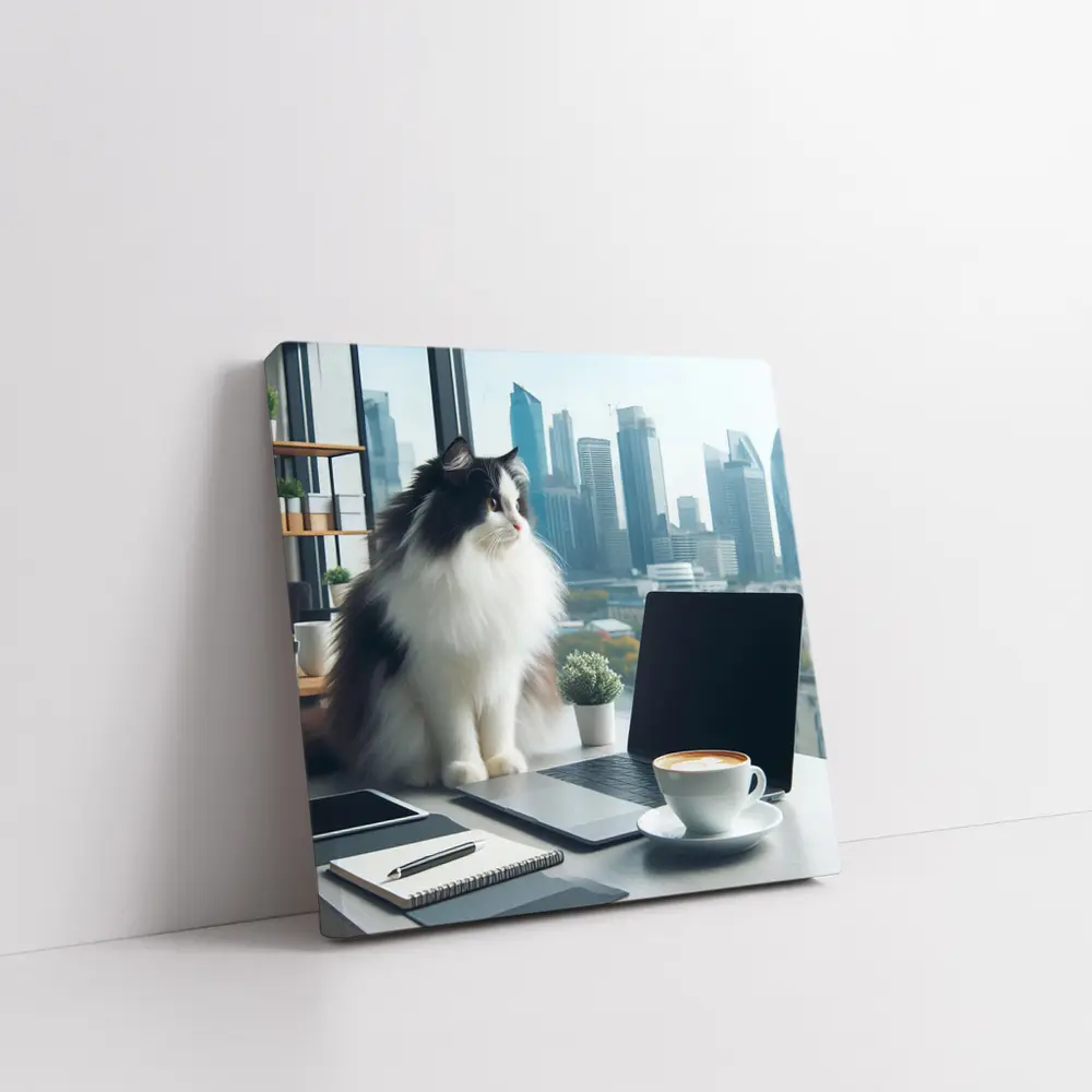 Fluffy Cat Working At Office Desk – Wall Art