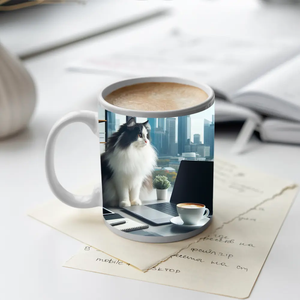 Fluffy Cat Working At Office Desk – Mugs