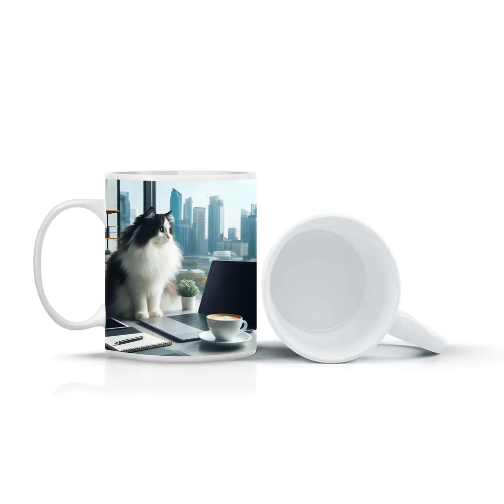 Fluffy Cat Working At Office Desk – Mugs