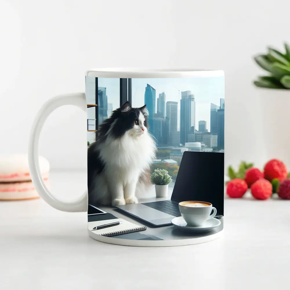 Fluffy Cat Working At Office Desk – Mugs