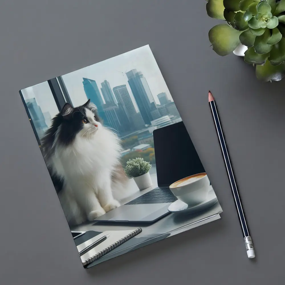Fluffy Cat Working At Office Desk – Notebooks