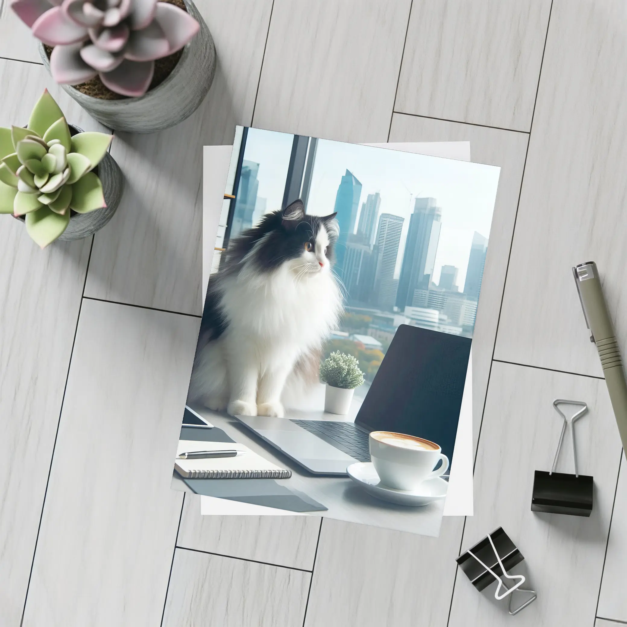 Fluffy Cat Working At Office Desk – Postcards