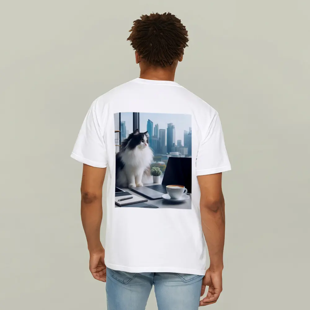 Fluffy Cat Working At Office Desk – T-Shirts