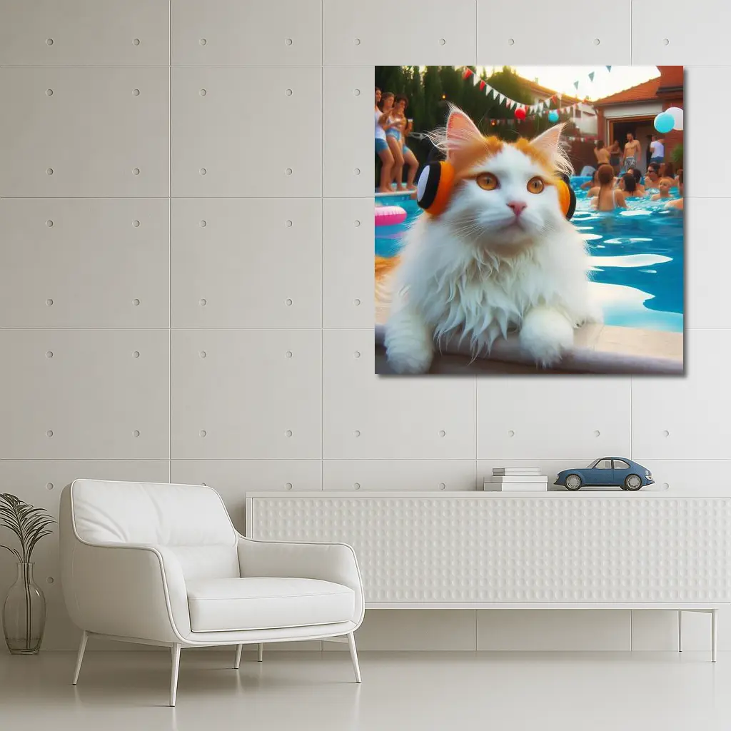 White Cat Headphones Pool Party Summer – Wall Art