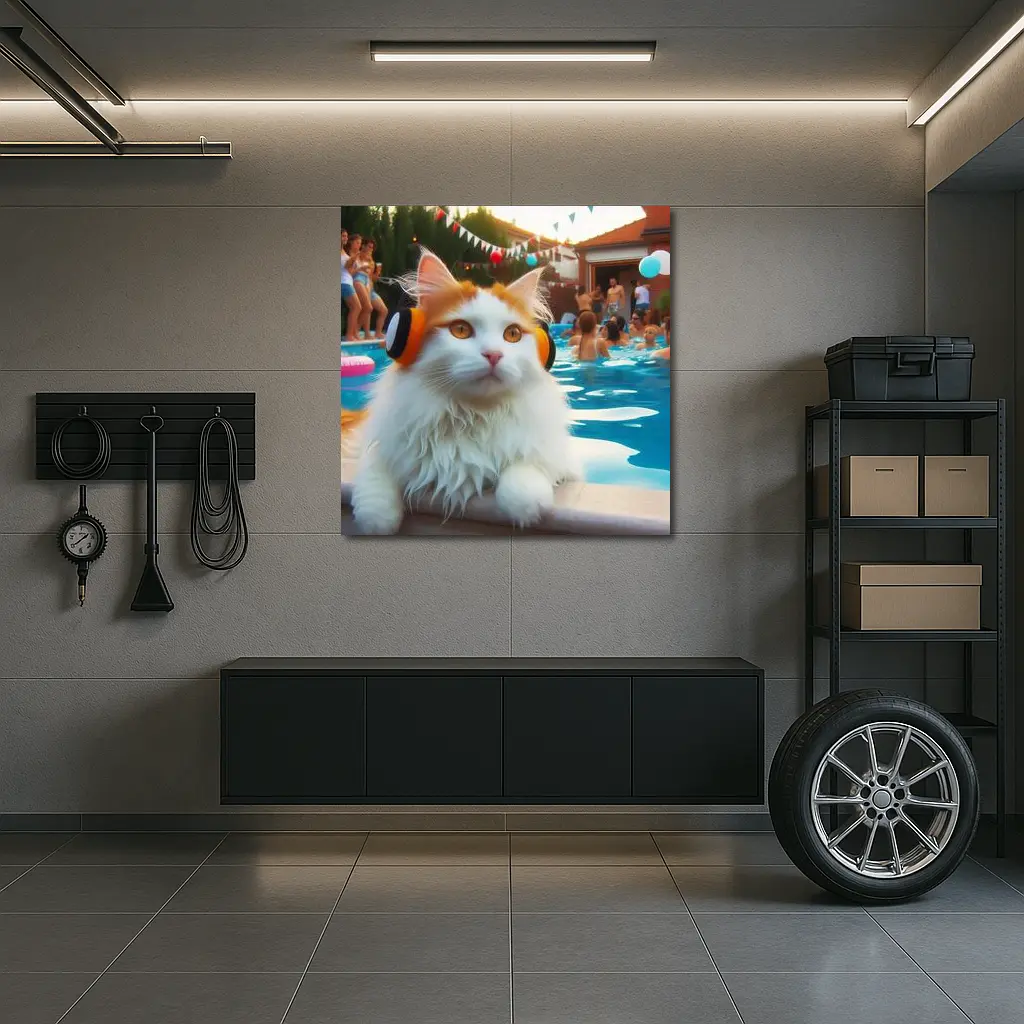 White Cat Headphones Pool Party Summer – Wall Art