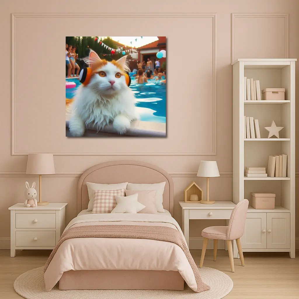 White Cat Headphones Pool Party Summer – Wall Art