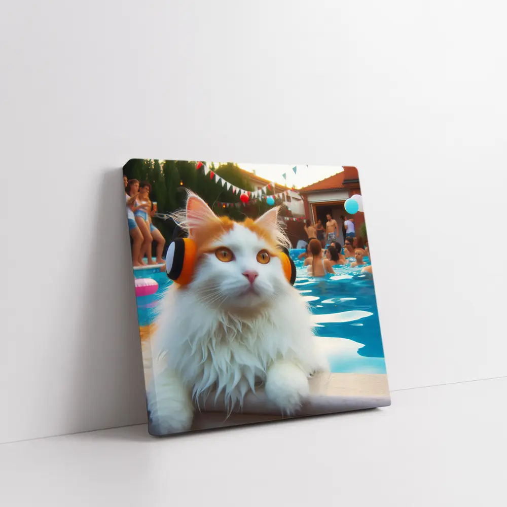 White Cat Headphones Pool Party Summer – Wall Art