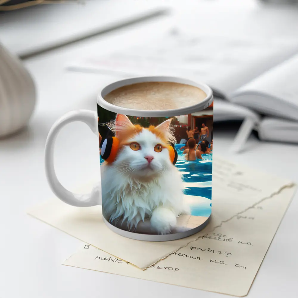 White Cat Headphones Pool Party Summer – Mugs