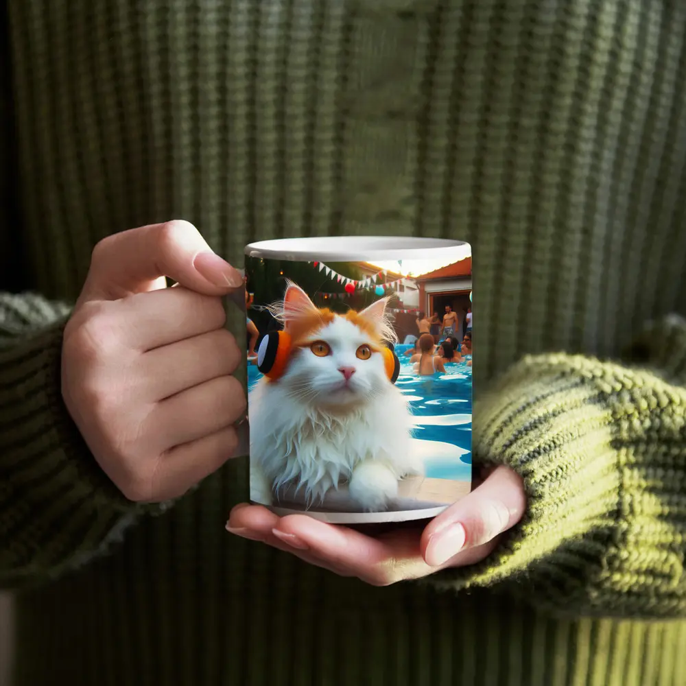 White Cat Headphones Pool Party Summer – Mugs