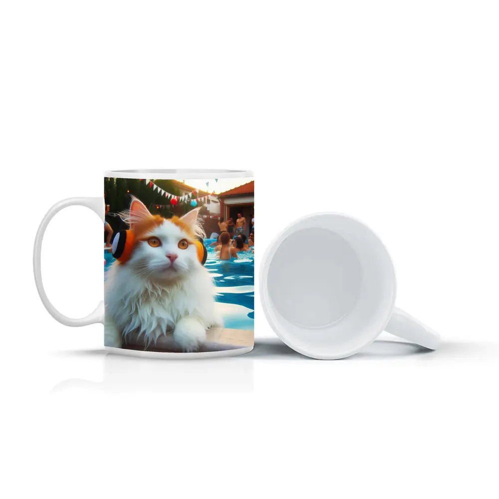 White Cat Headphones Pool Party Summer – Mugs