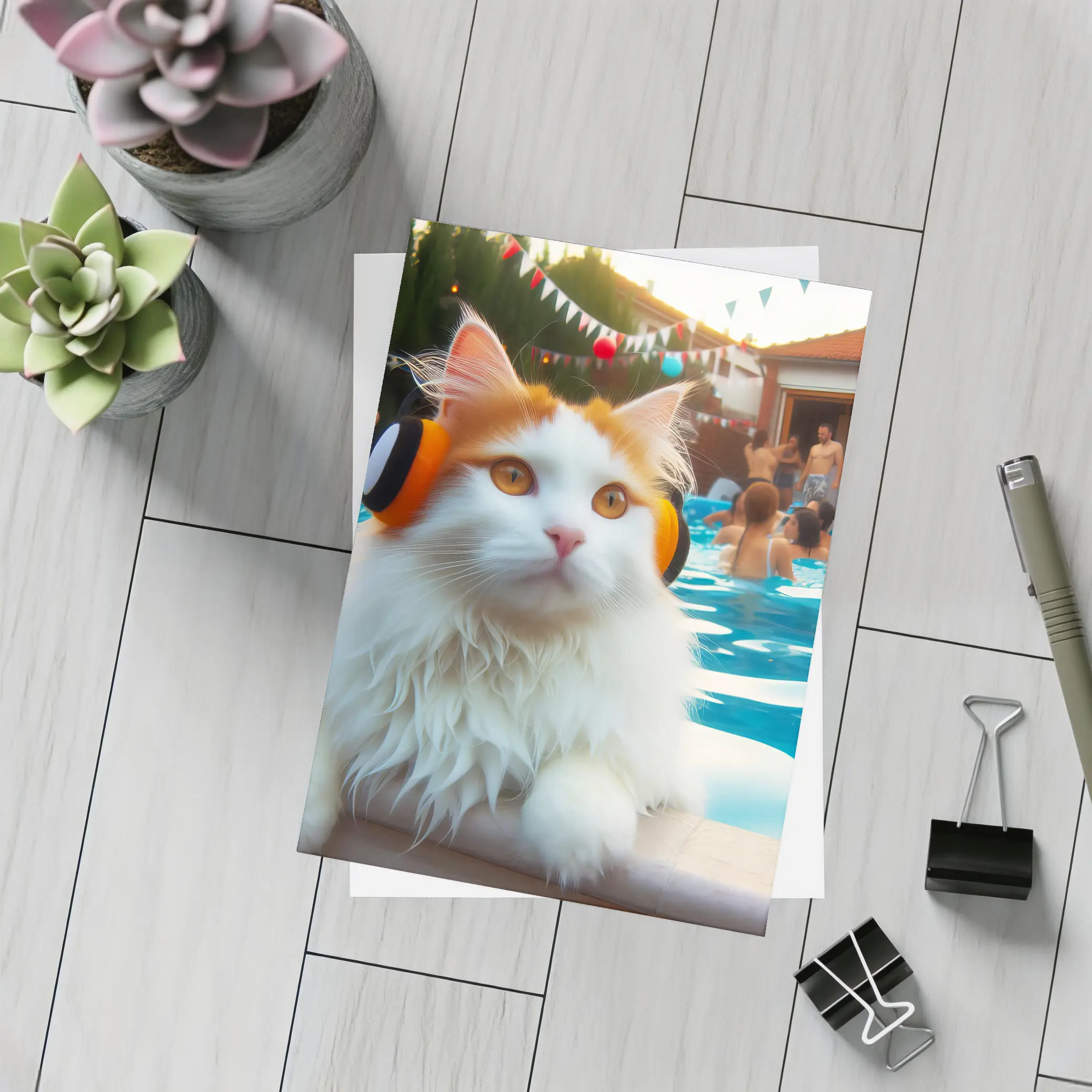 White Cat Headphones Pool Party Summer – Postcards