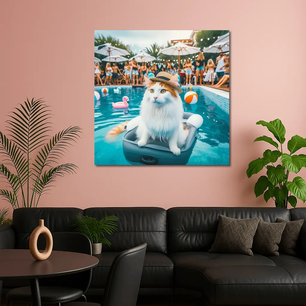 White Cat Hat Pool Party Summer – Wall Art