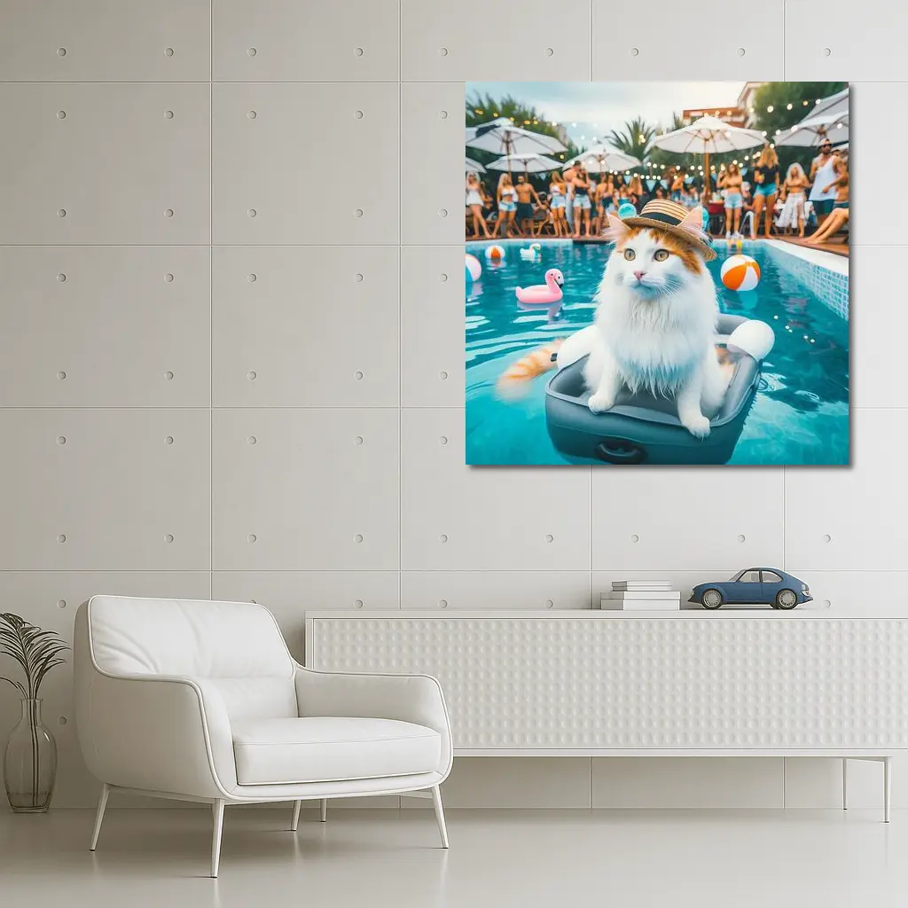 White Cat Hat Pool Party Summer – Wall Art