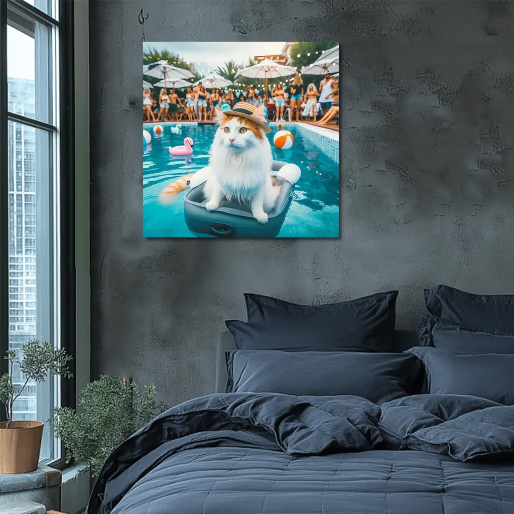 White Cat Hat Pool Party Summer – Wall Art