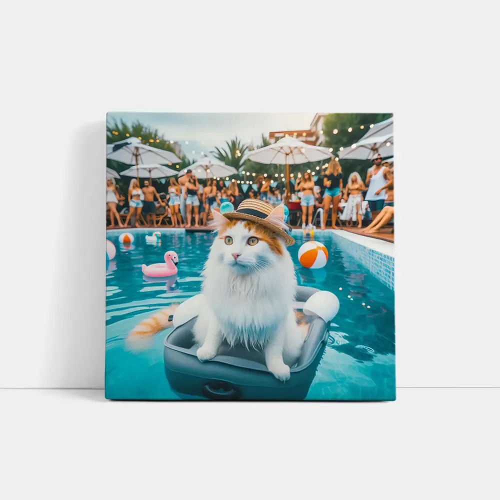 White Cat Hat Pool Party Summer – Wall Art
