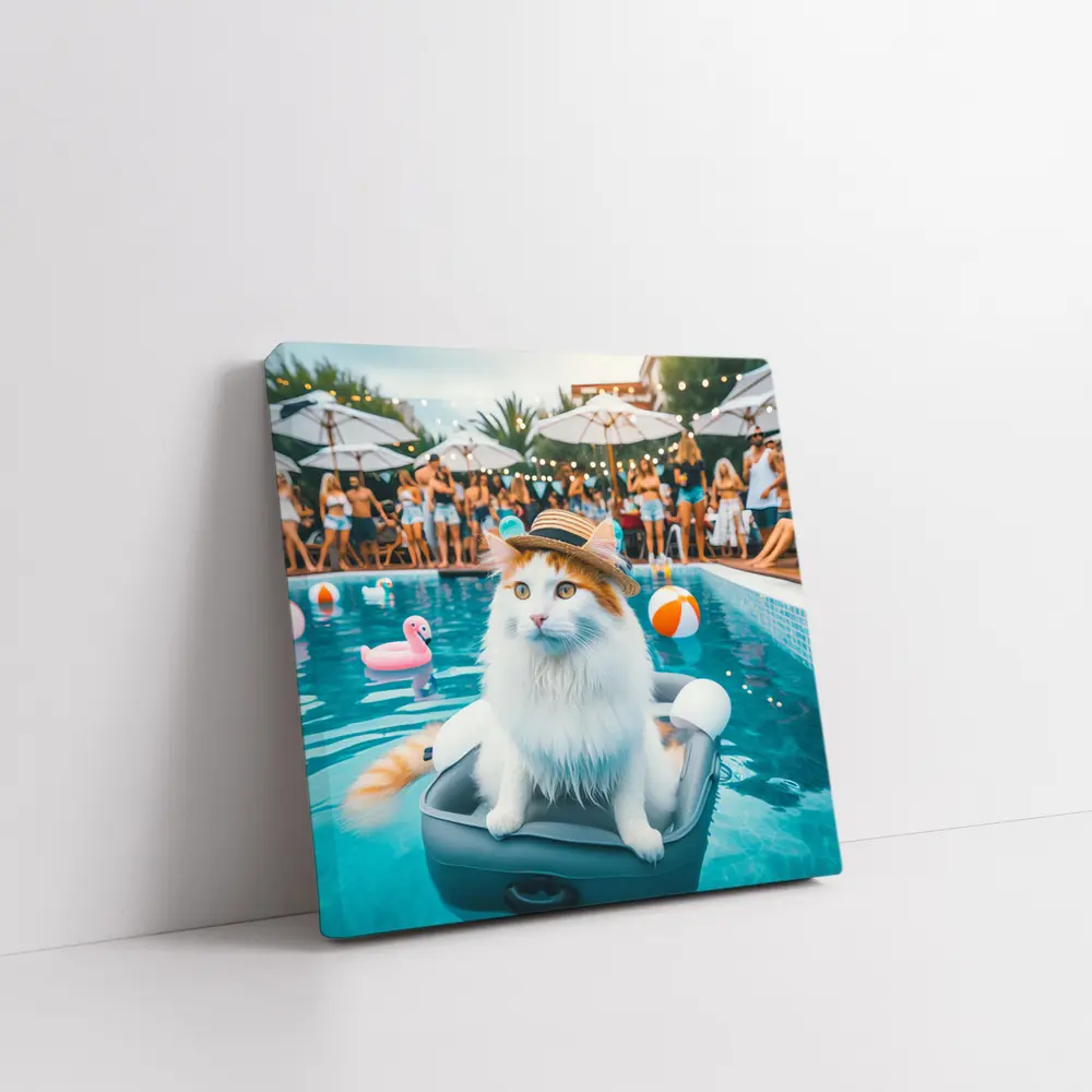 White Cat Hat Pool Party Summer – Wall Art