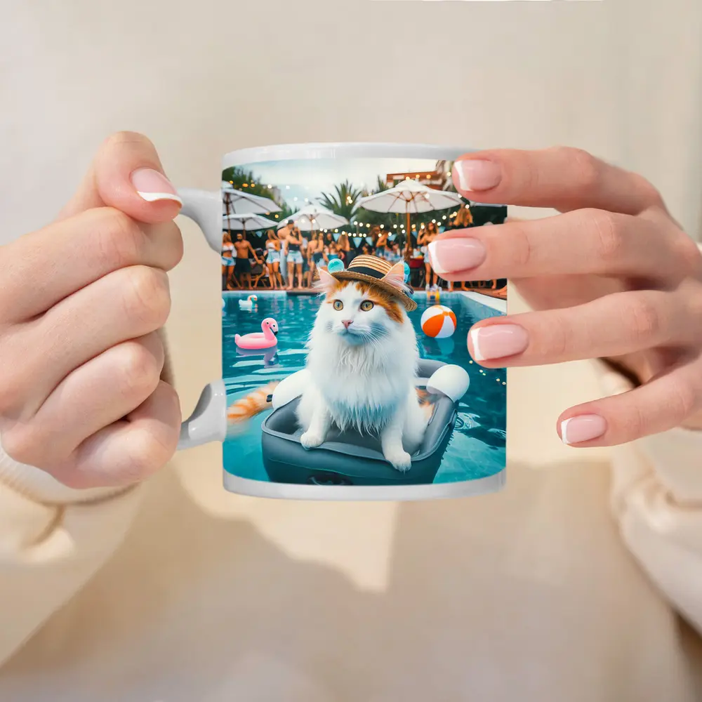 White Cat Hat Pool Party Summer – Mugs