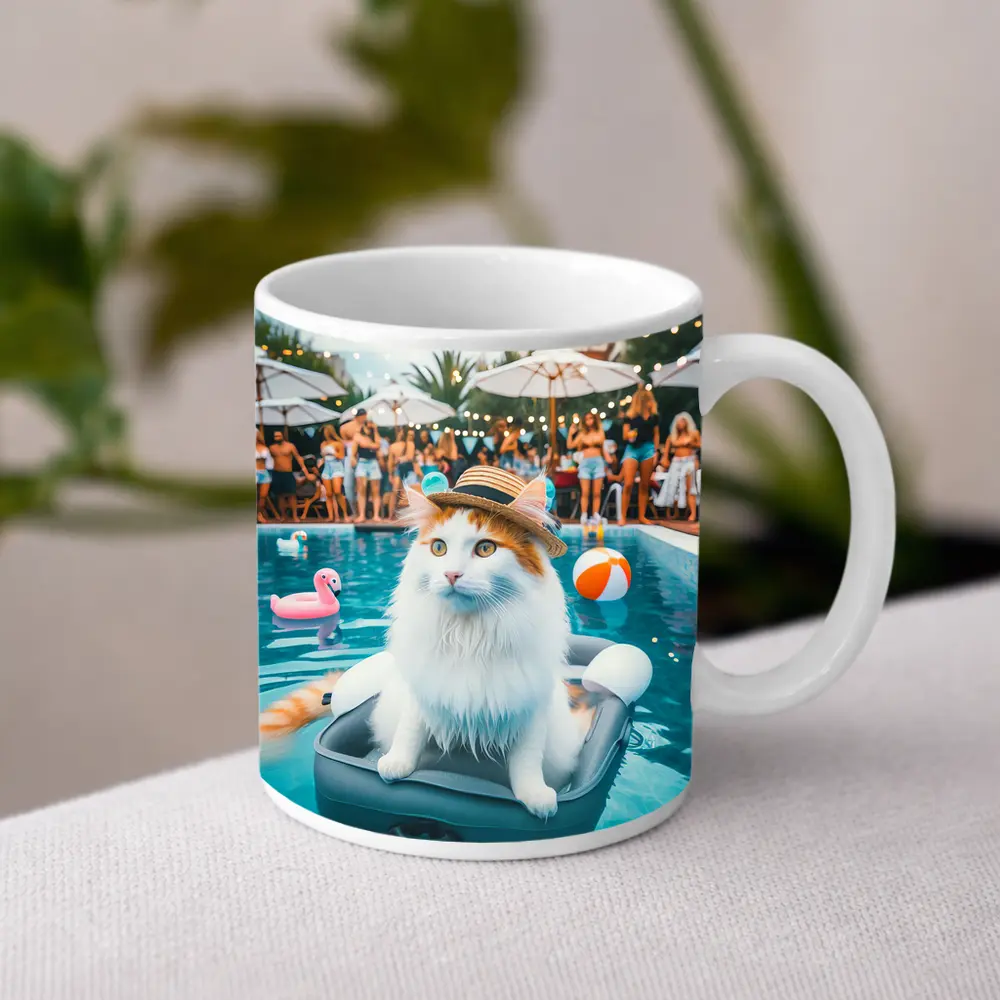 White Cat Hat Pool Party Summer – Mugs