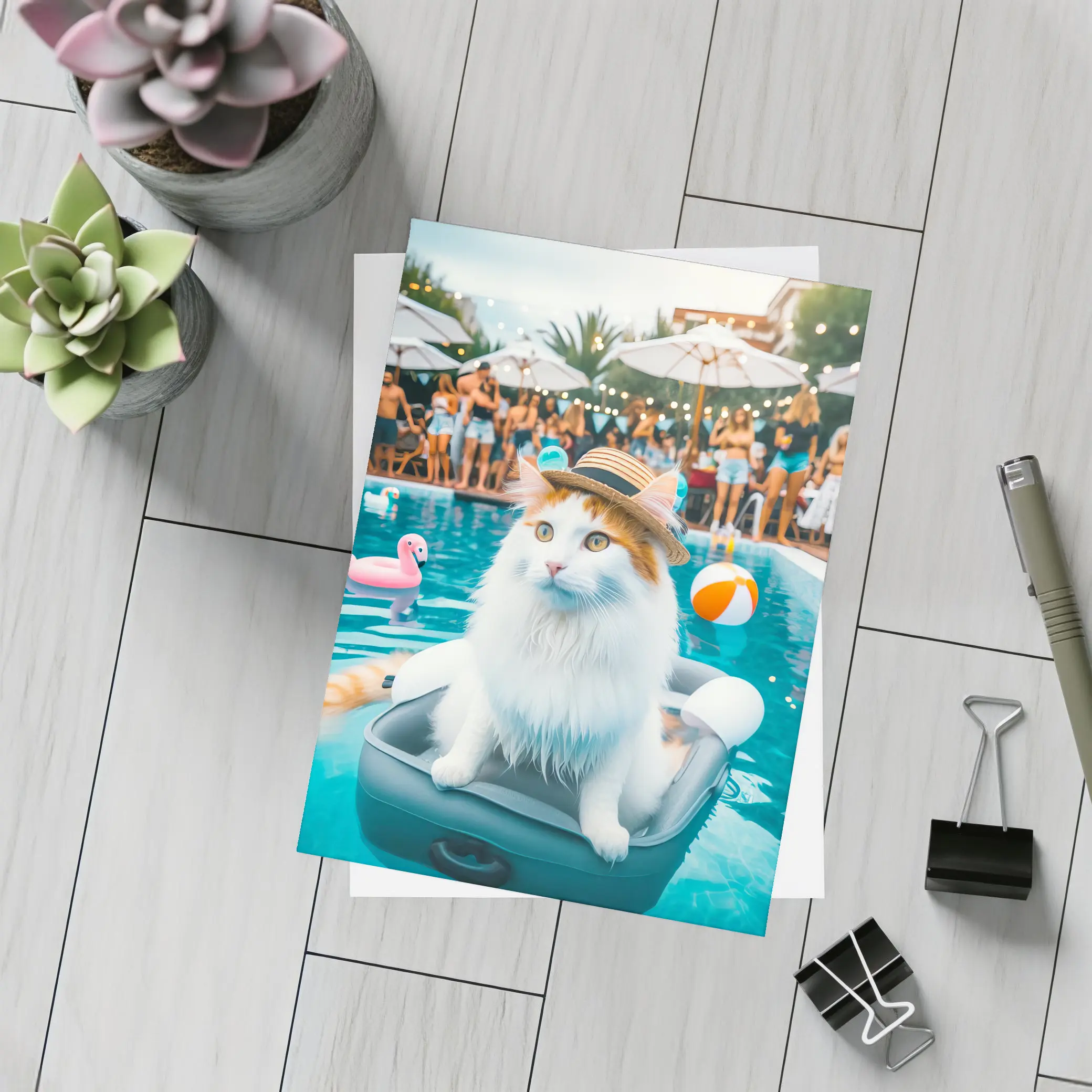 White Cat Hat Pool Party Summer – Postcards
