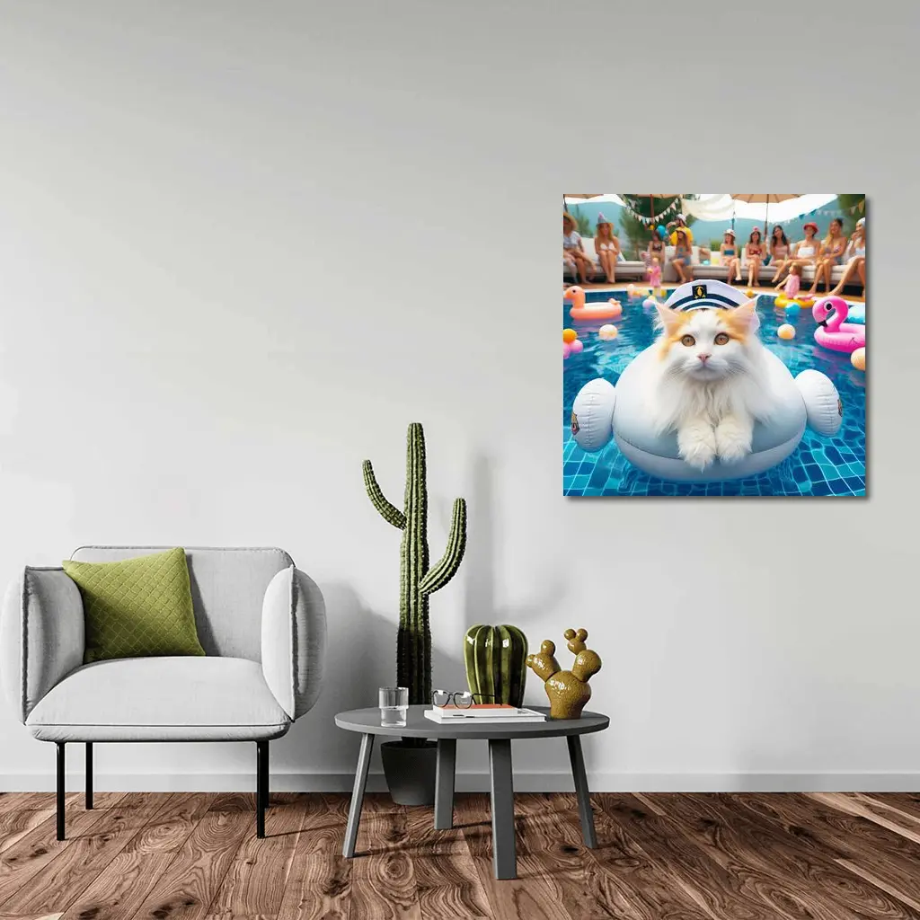 White Orange Cat Pool Party Summer – Wall Art