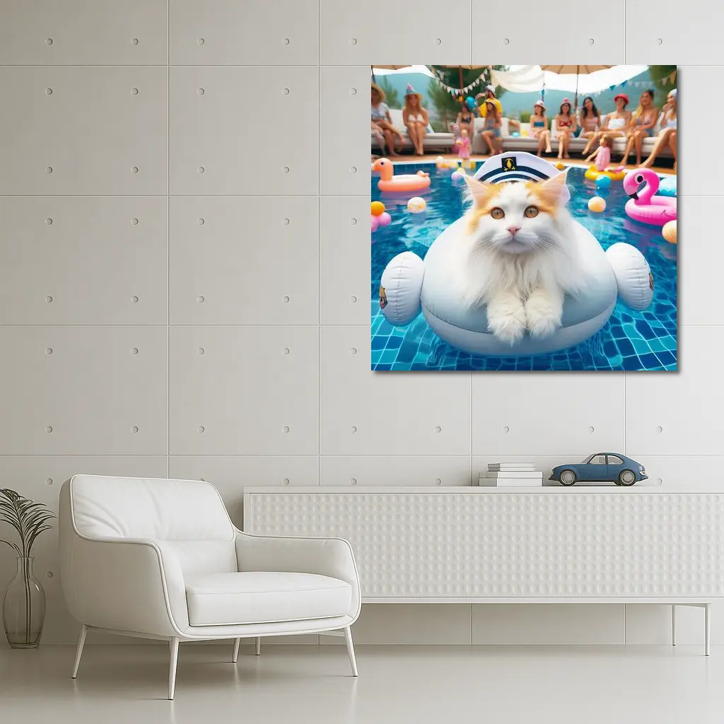 White Orange Cat Pool Party Summer – Wall Art
