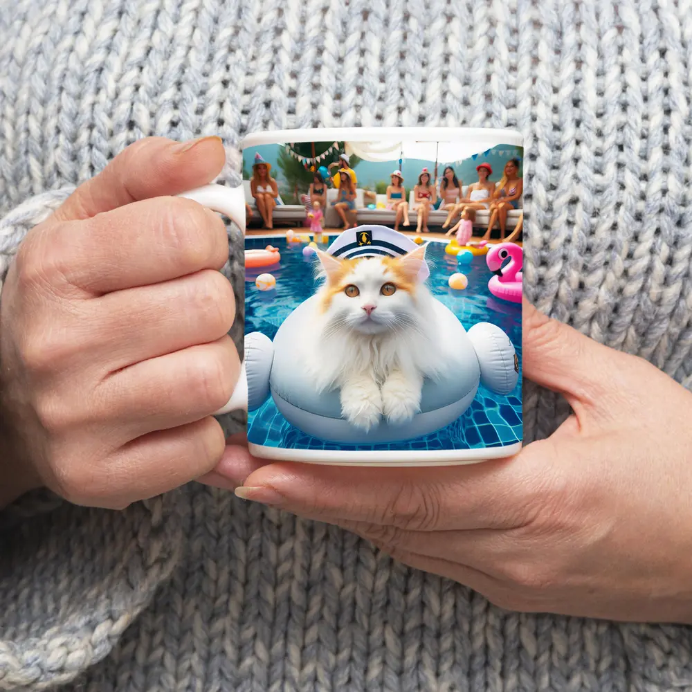 White Orange Cat Pool Party Summer – Mugs