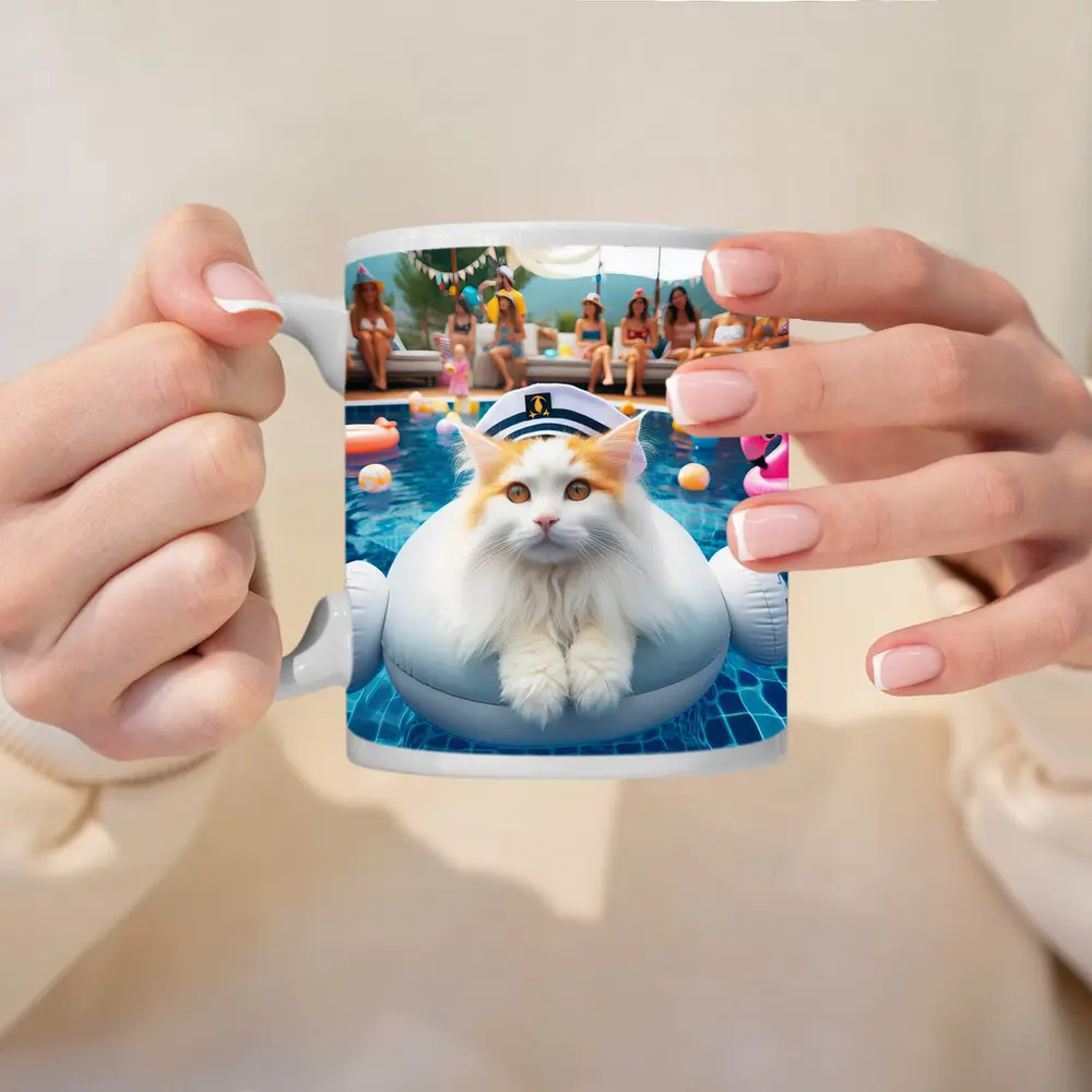 White Orange Cat Pool Party Summer – Mugs