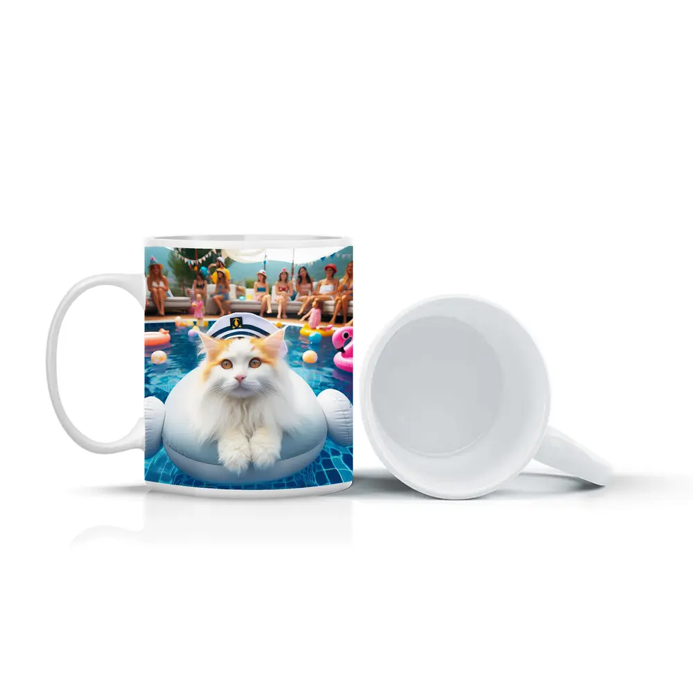 White Orange Cat Pool Party Summer – Mugs