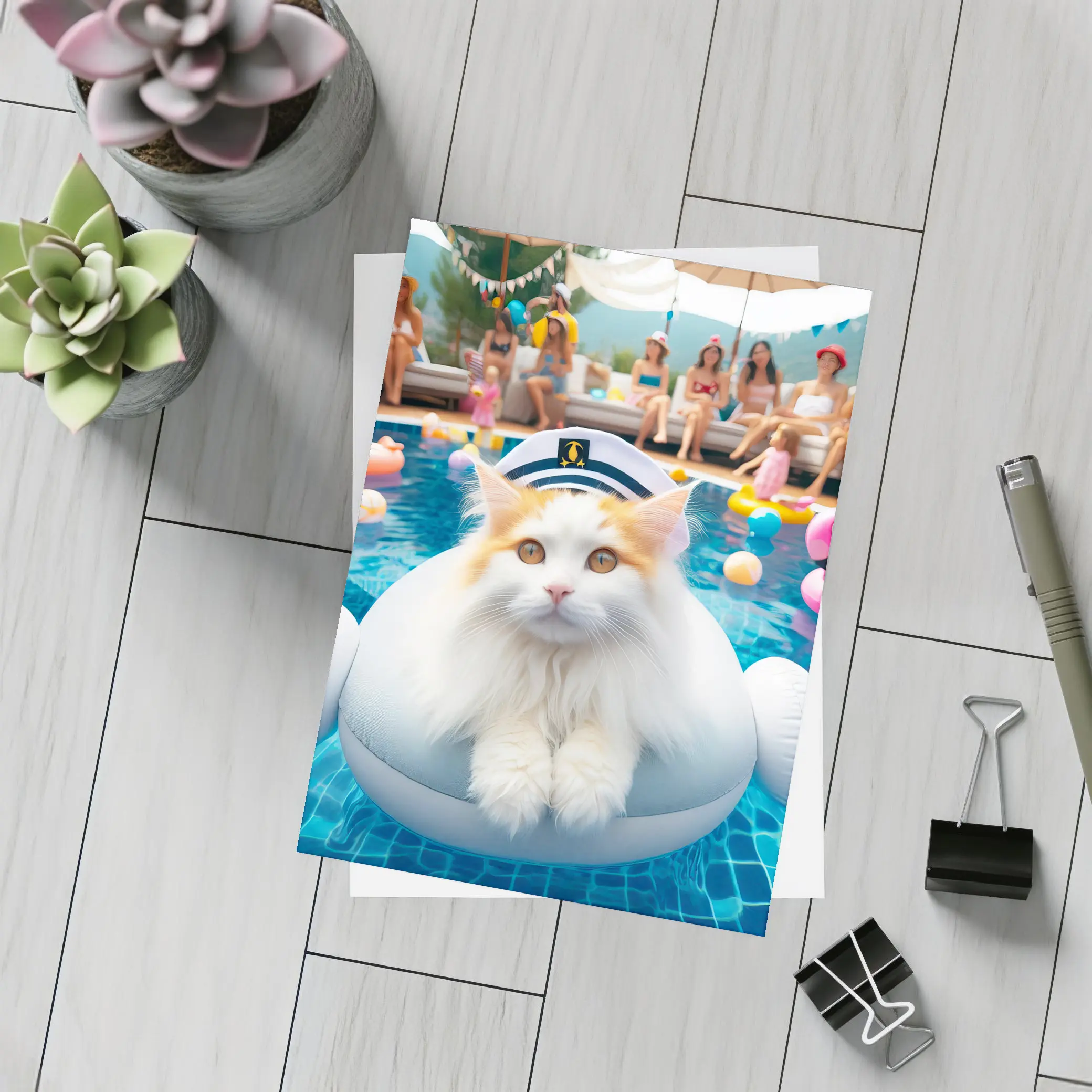 White Orange Cat Pool Party Summer – Postcards