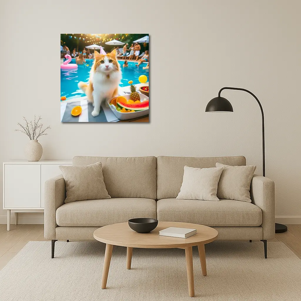 Orange White Cat Pool Party Summer – Wall Art