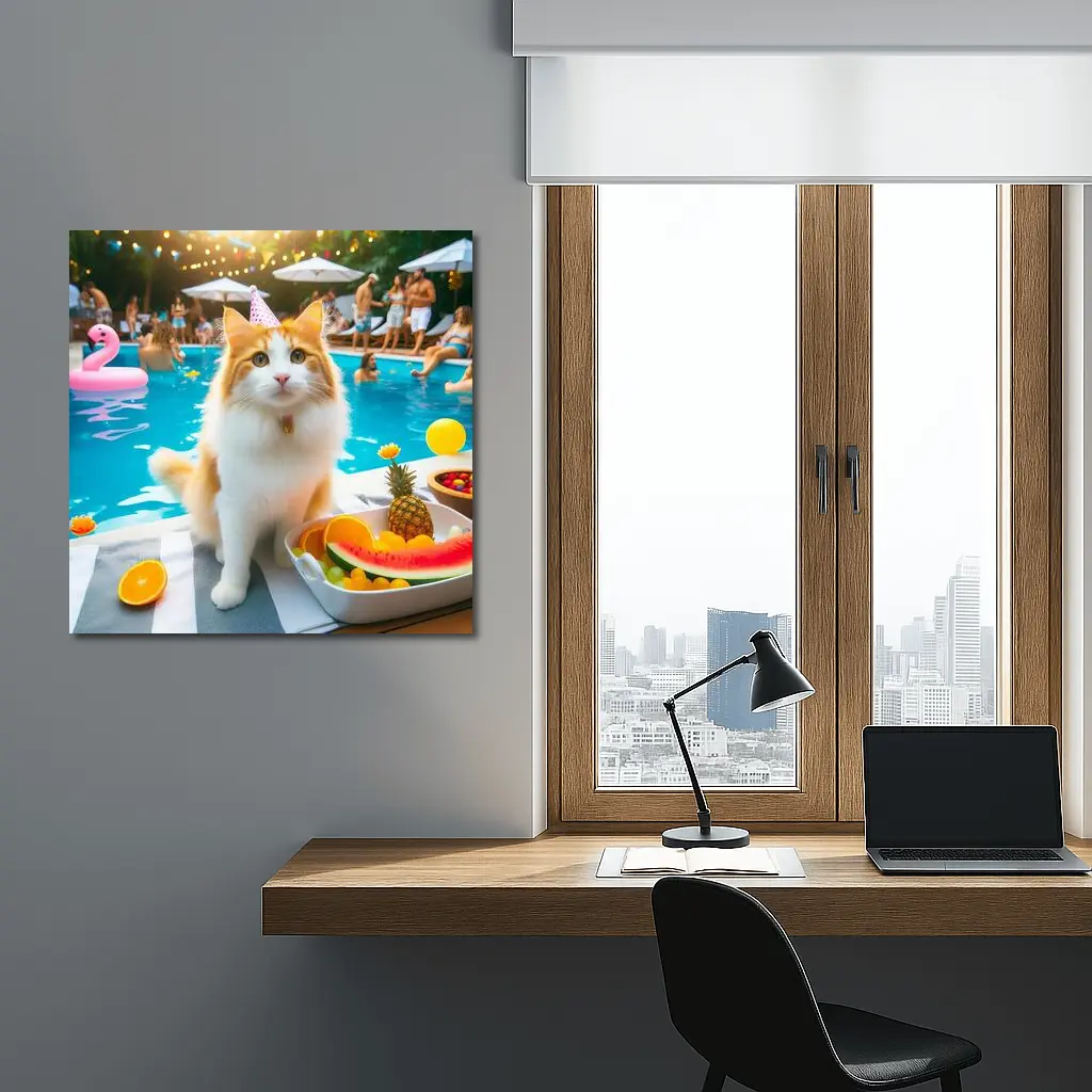 Orange White Cat Pool Party Summer – Wall Art
