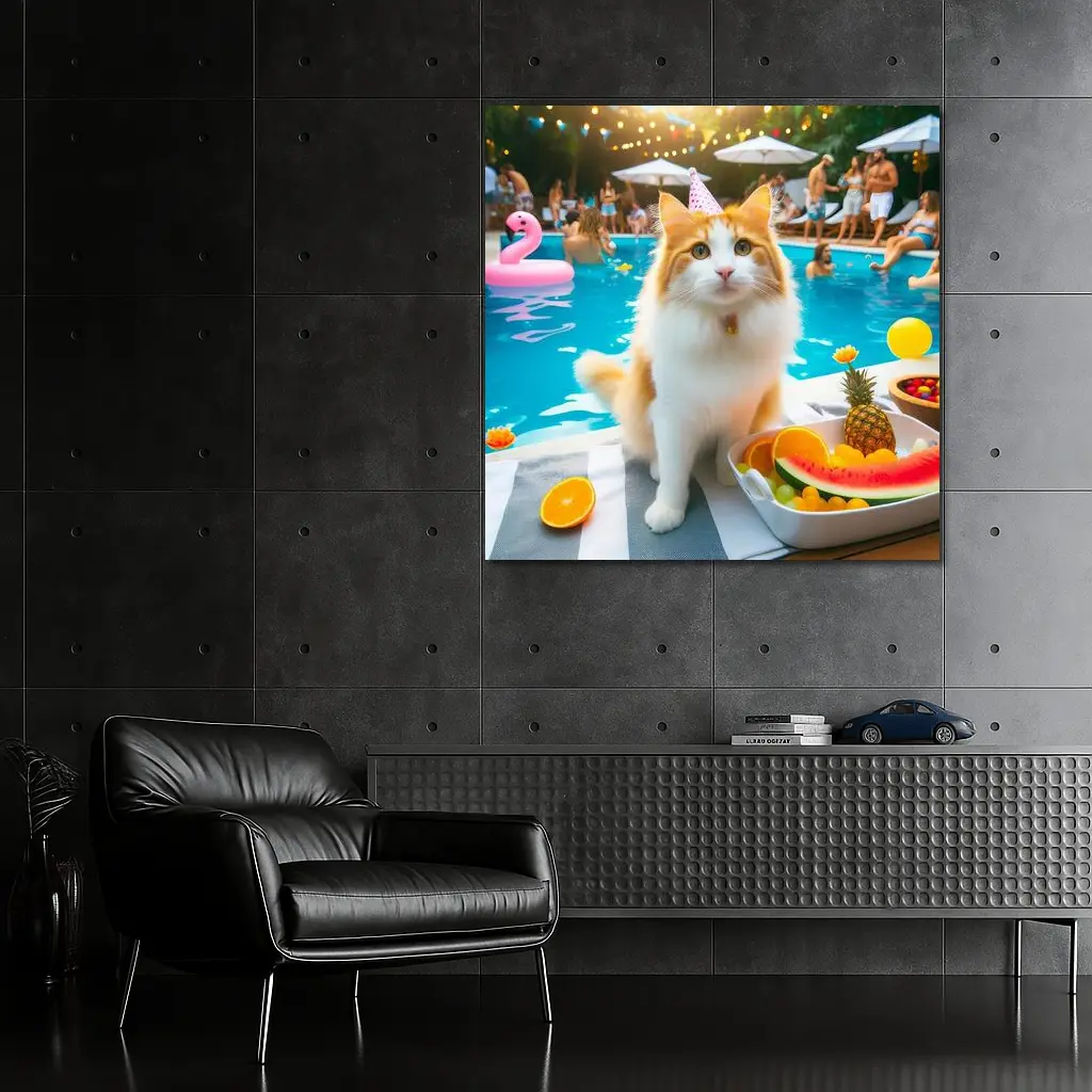 Orange White Cat Pool Party Summer – Wall Art