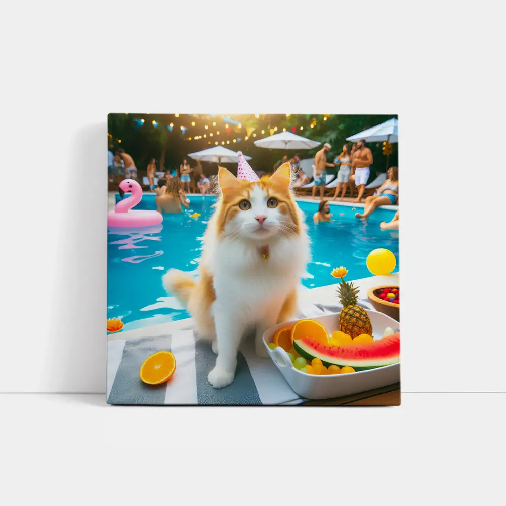 Orange White Cat Pool Party Summer – Wall Art