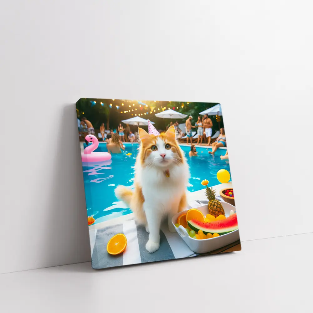 Orange White Cat Pool Party Summer – Wall Art