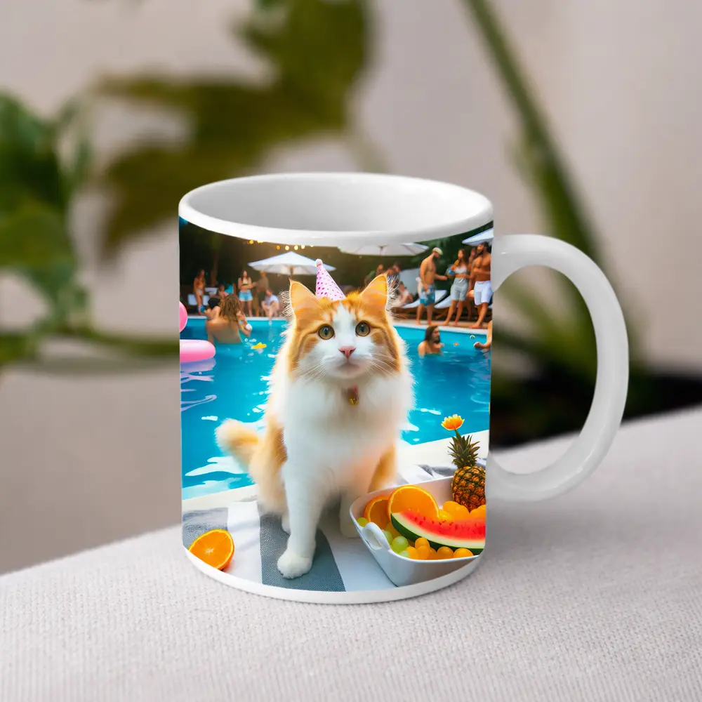 Orange White Cat Pool Party Summer – Mugs