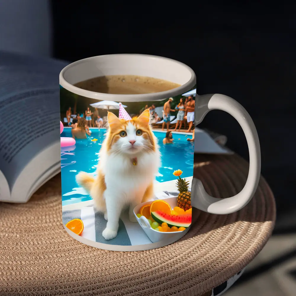 Orange White Cat Pool Party Summer – Mugs